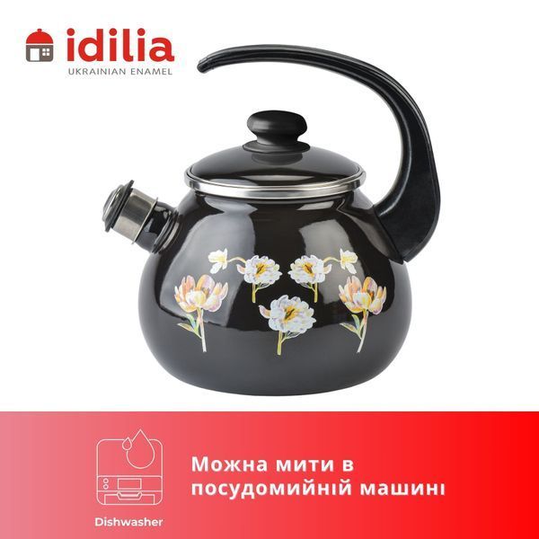 Чайник емальований 2,5 л з н/ж обідком і свистком "Квіткова фантазія (чорна)" I27115/4чцвефан фото