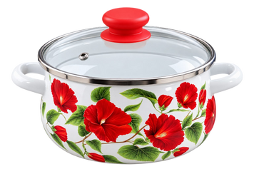 Spherical pot with s.s. rim and glass lid "Hibiscus (white)"