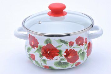Spherical pot with s.s. rim and glass lid "Hibiscus (white)"