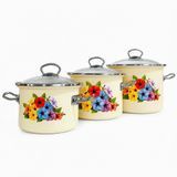 Idilia Enamel Cookware Set "Petunia (Cream)" &ndash; 2.0 L, 3.0 L, 5.5 L