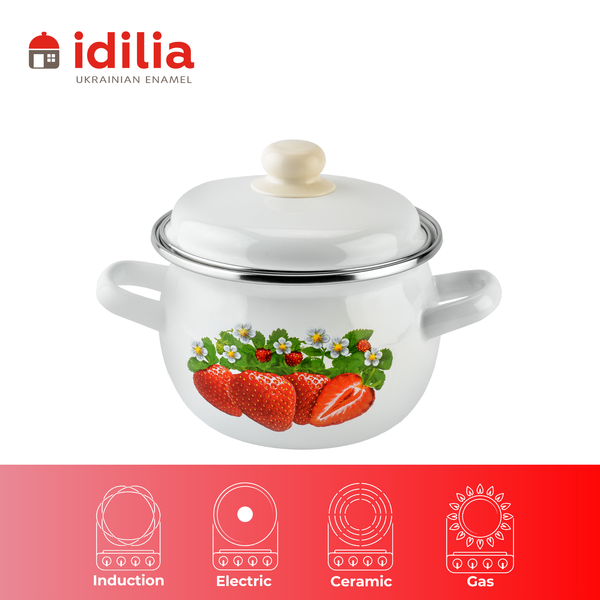 Spherical pot 1.5 L with stainless steel rim "Strawberry (white)"