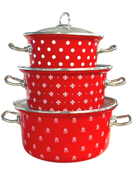 Set of enamel pots "Saxony" in red color (2 L, 3 L, 4 L)