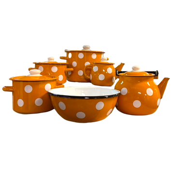 Mustard-Colored Enamel Set &ldquo;White Polka Dot&rdquo;