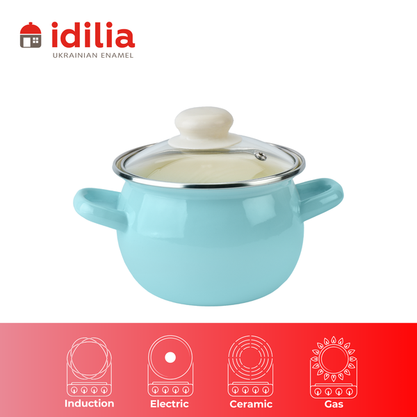 Spherical pot 1.5 L with stainless steel rim and glass lid "Turquoise"