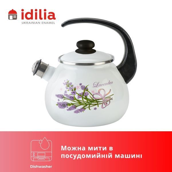 Чайник эмалированный 2,5 л с н/ж ободком и свистком "Сиреневый букет лаванды (белая)" I27115/2сбуклав фото