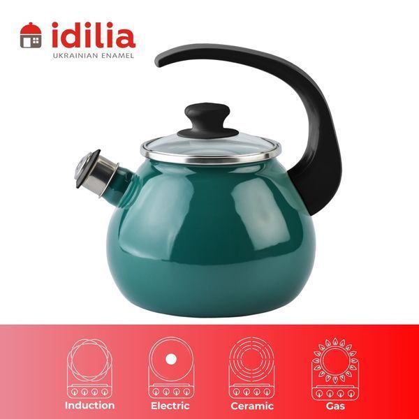 Kettle 2.5 L with stainless steel rim, whistle and glass lid "Dark turquoise"