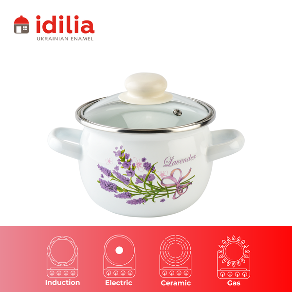 Spherical pot 1.5 L with stainless steel rim and glass lid "Lilac lavender bouquet (white)"