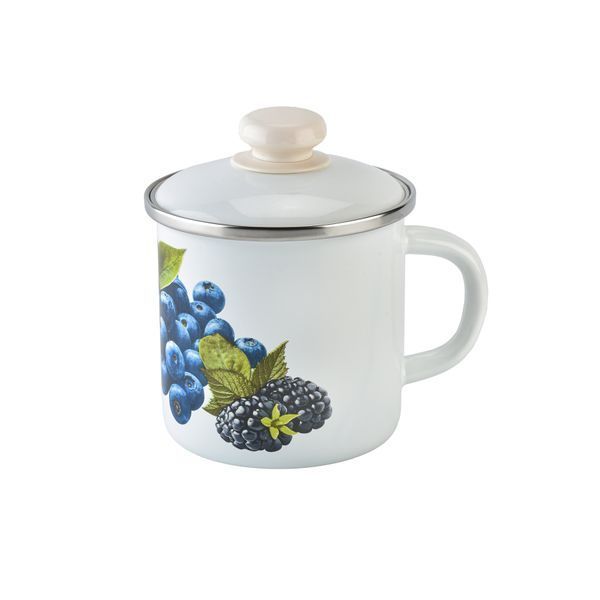 Mug 1.0 L with stainless steel rim and lid "Blueberry (white)"