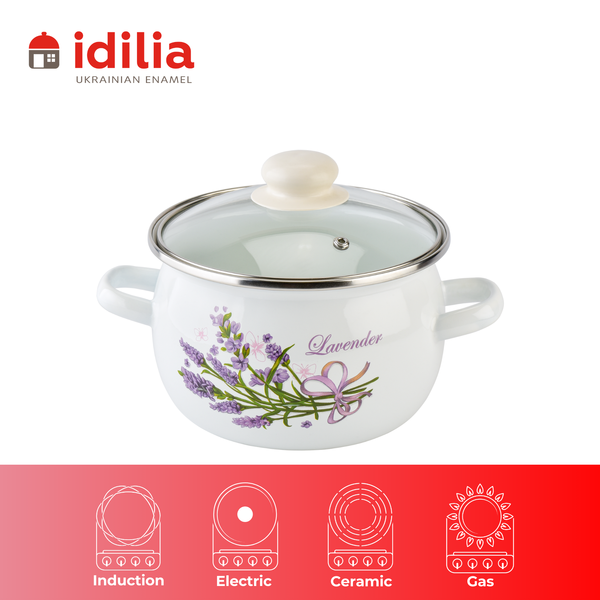 Spherical pot 2.5 L with stainless steel rim and glass lid "Lilac lavender bouquet (white)"