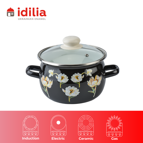Spherical pot 2.5 L with stainless steel rim and glass lid "Floral Fantasy (black)"