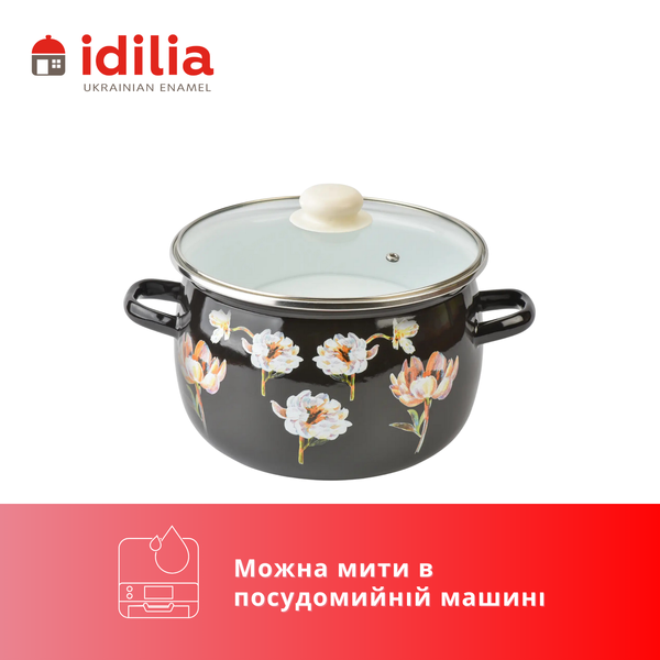 Каструля сферична емальована 5,0л з н/ж обідком та скляною кришкою "Квіткова фантазія (чорна)" I619165/4чцвефан фото