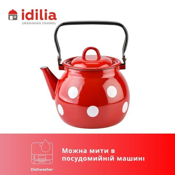 Чайник емальований 3,5 л з полою ручкою на кришці "Білий горох (червона)" I2713015/4кгорох фото