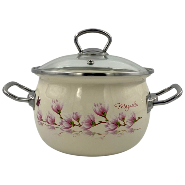 Spherical pot 2.5 L with stainless steel fittings and glass lid "Magnolia (milk)"