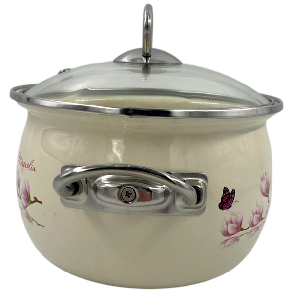 Spherical pot 2.5 L with stainless steel fittings and glass lid "Magnolia (milk)"