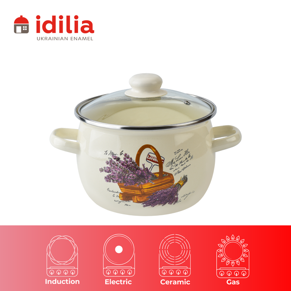 Spherical pot 3.5 L with stainless steel rim and glass lid "Lavender Basket (milk)"