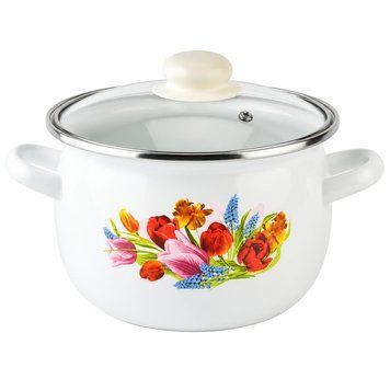 Spherical pot 7.0 L with stainless steel rim and glass lid "Spring Bouquet (white)"