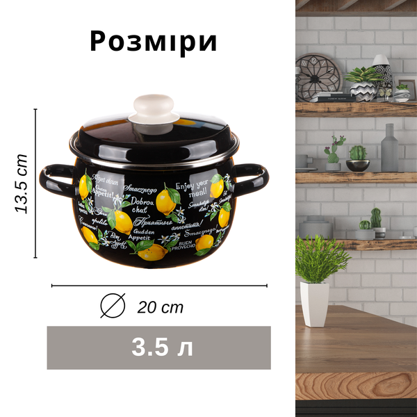 Кастрюля сферическая эмалированная 3,5л с н/ж ободком "Фрэш-лимон (черная)" I19135/4чфлим фото