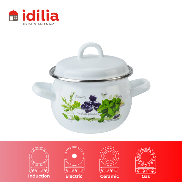 Spherical pot 1.5 L with stainless steel rim and hollow handle on the lid "Fresh Greens (white)"