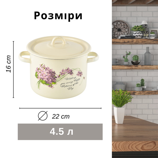 Кастрюля цилиндрическая эмалированная 4,5 л с полой ручкой на крышке "Виола (молочная)" I161515/2виола фото
