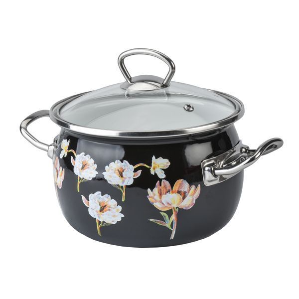 Spherical pot 2.5 L with stainless steel fittings and glass lid "Floral Fantasy (black)"
