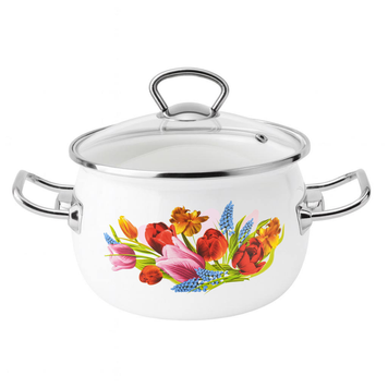 Spherical pot 2.5 L with stainless steel fittings and glass lid "Spring bouquet (white)"