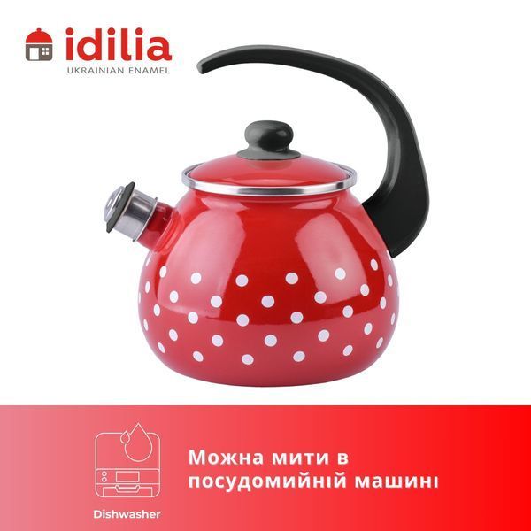 Чайник емальований 2,5 л з н/ж обідком і свистком "Полька (червона)" I27115кполька фото