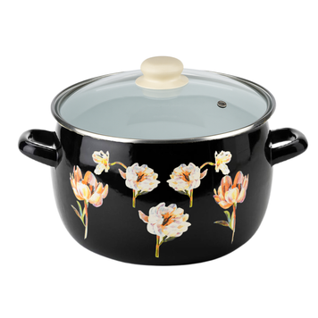 Spherical pot 7.0 L with stainless steel rim and glass lid "Floral Fantasy (black)"