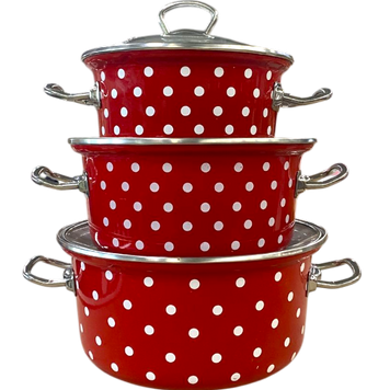 Set of Conical Pots with Stainless Steel Fittings &ldquo;Red Polka&rdquo;
