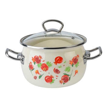 Spherical pot 2.5 L with stainless steel fittings and glass lid "Pomegranate (milk)"