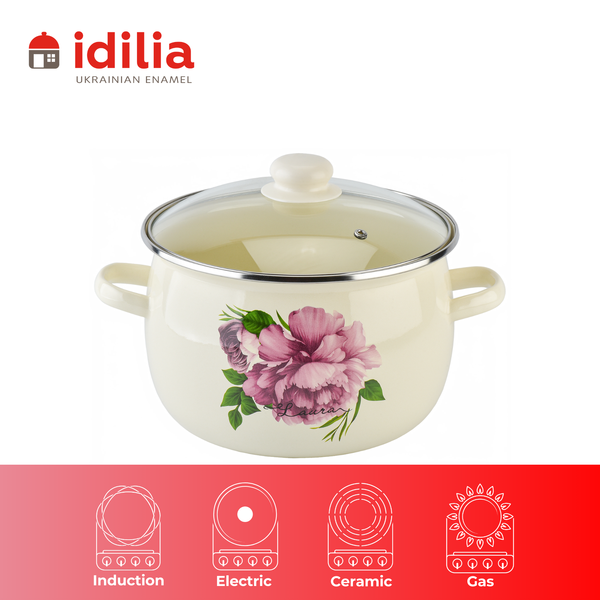 Spherical pot 5.0 L with stainless steel rim and glass lid "Laura (milk)"