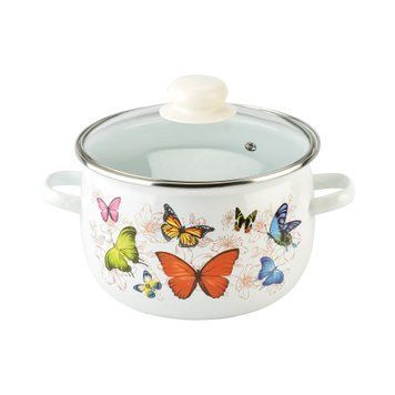Spherical pot 7.0 L with stainless steel rim and glass lid "Butterfly (white)"