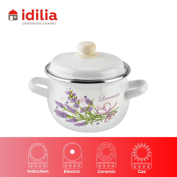 Spherical pot 1.5 L with stainless steel rim "Lilac lavender bouquet (white)"