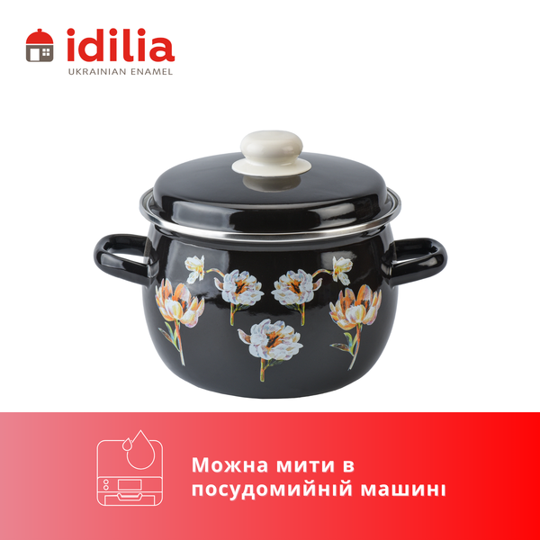 Кастрюля сферическая эмалированная 3,5л с н/ж ободком "Цветочная фантазия (черная)" I19135/4чцвефан фото