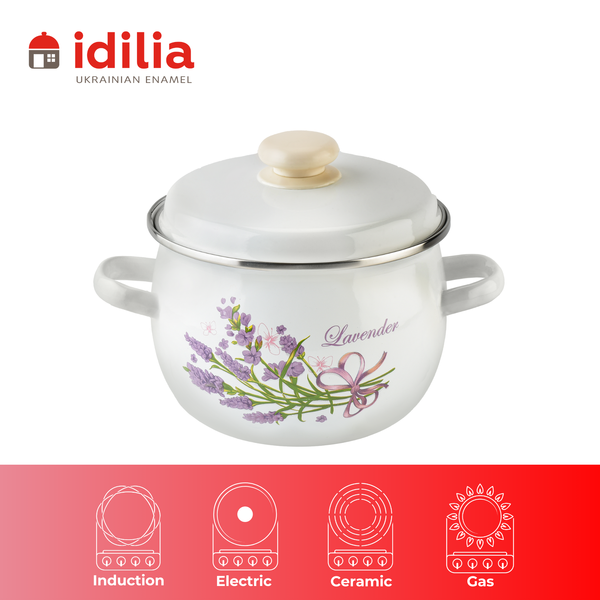 Spherical pot 3.5 L with stainless steel rim "Lilac lavender bouquet (white)"
