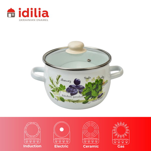 Spherical pot 3.5 L with stainless steel rim and glass lid "Fresh Greens (white)"