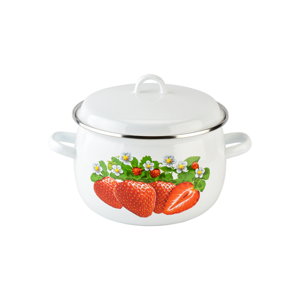 Spherical pot 5.0 L with stainless steel rim and hollow handle on the lid "Strawberry (white)"